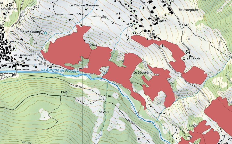 Landeskarte swisstopo mit dem Schutzperimeter von Les Haudères (Trockenwiese)
