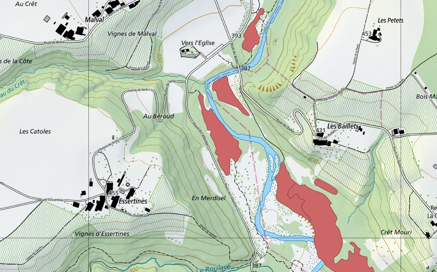 swisstopo national map showing the protected perimeter of Les Îles (Dry meadow)