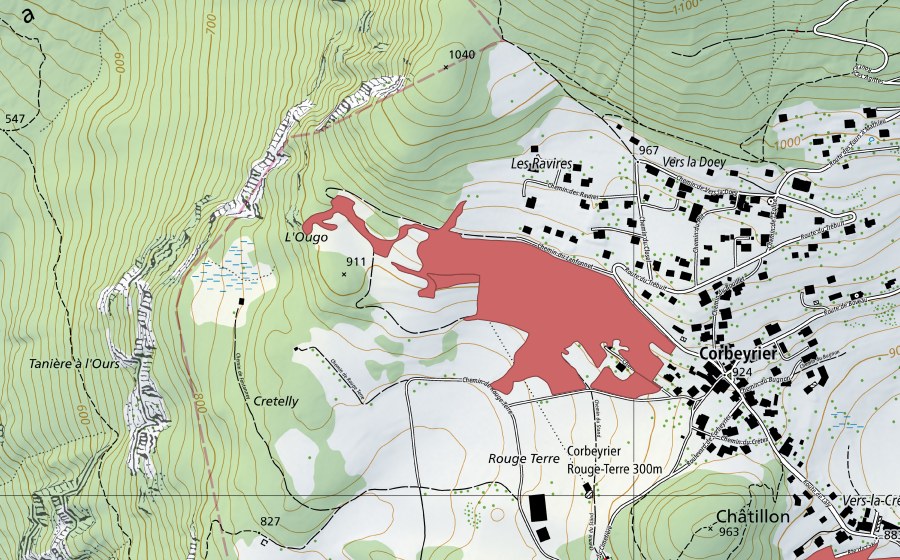 swisstopo national map showing the protected perimeter of Les Joux (Dry meadow)