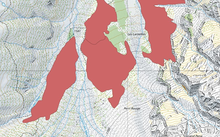 Carte nationale swisstopo avec le périmètre protégé de Les Larzettes (Prairie sèche)