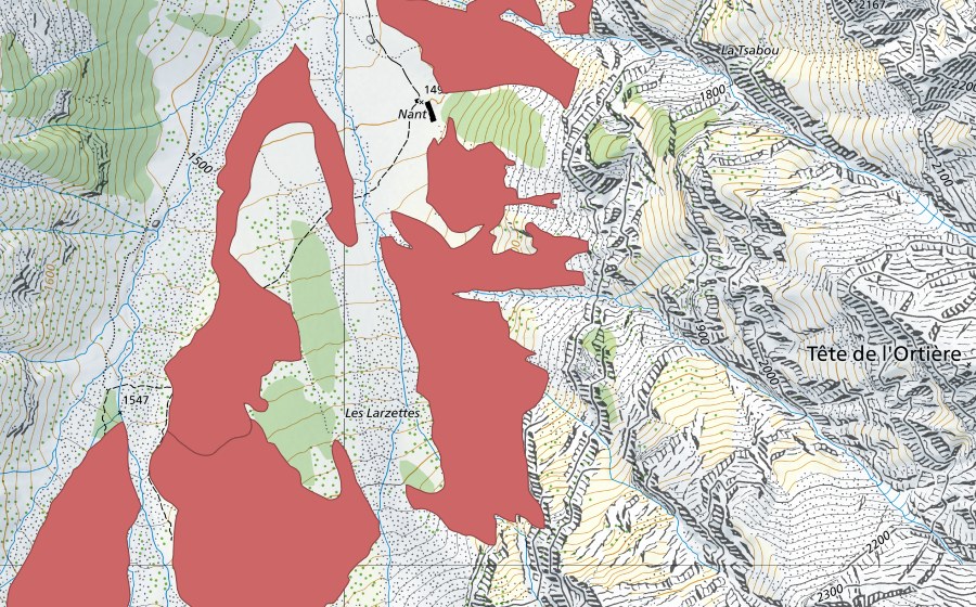 Landeskarte swisstopo mit dem Schutzperimeter von Les Larzettes (Trockenwiese)