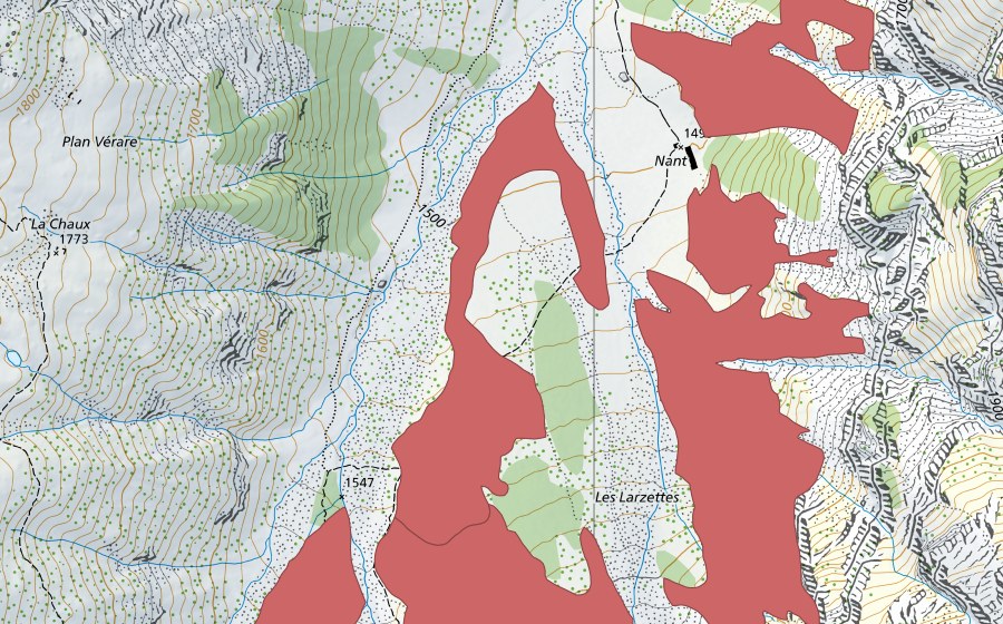 Landeskarte swisstopo mit dem Schutzperimeter von Les Larzettes (Trockenwiese)
