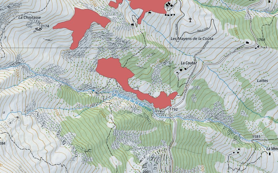 swisstopo national map showing the protected perimeter of Les Lattes (Dry meadow)