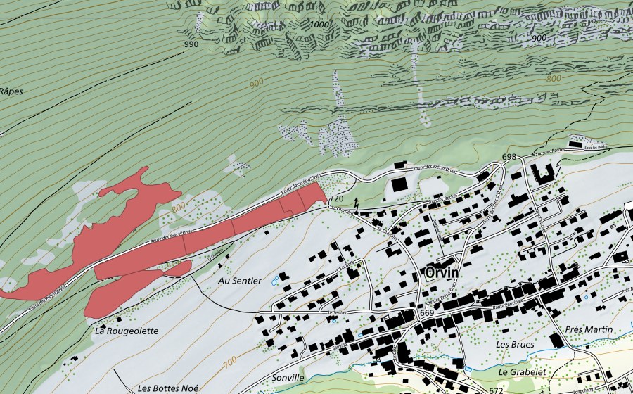 swisstopo national map showing the protected perimeter of Les Lavettes (Dry meadow)