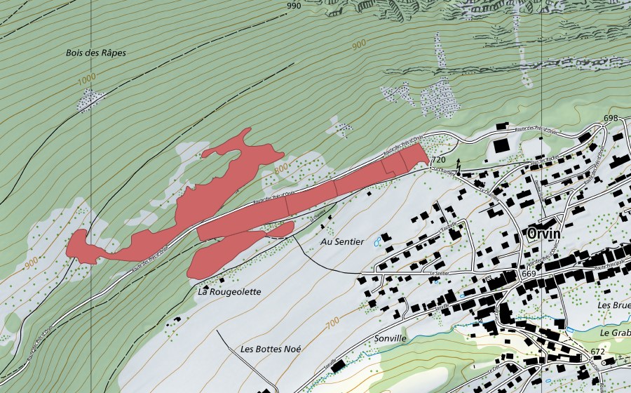 swisstopo national map showing the protected perimeter of Les Lavettes (Dry meadow)