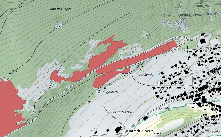 swisstopo national map showing the protected perimeter of Les Lavettes (Dry meadow)