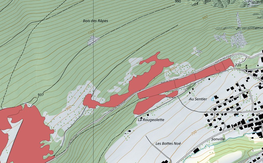 Landeskarte swisstopo mit dem Schutzperimeter von Les Lavettes (Trockenwiese)