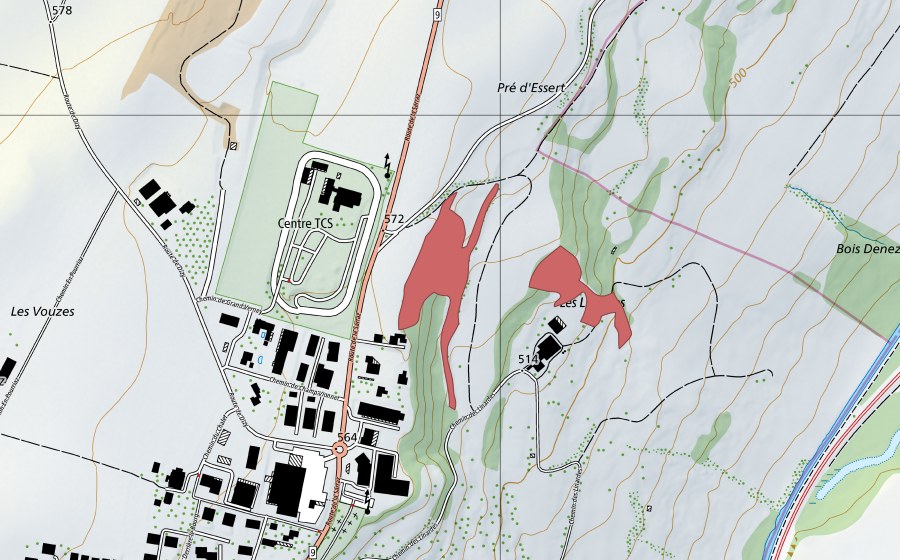 Carte nationale swisstopo avec le périmètre protégé de Les Linardes (Prairie sèche)