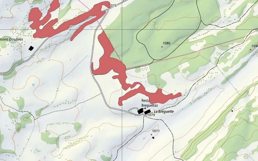 Carte nationale swisstopo avec le périmètre protégé de Les Maisons Doubles (Prairie sèche)