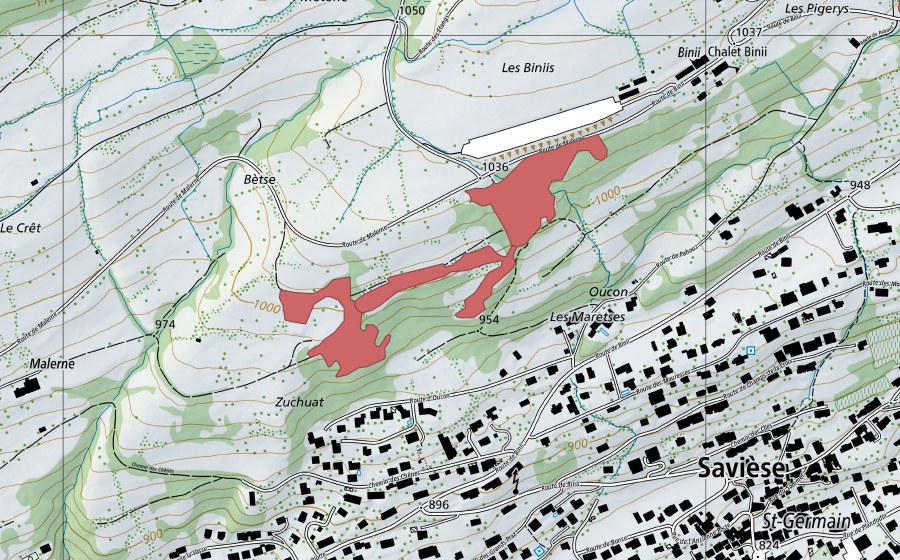 Carte nationale swisstopo avec le périmètre protégé de Les Maretses (Prairie sèche)