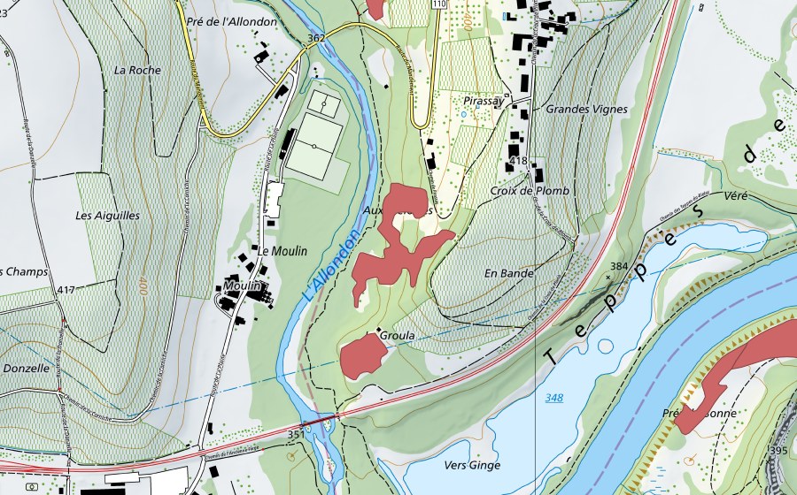 swisstopo national map showing the protected perimeter of Les Melottes (Dry meadow)