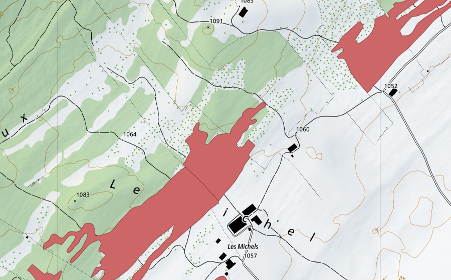 Carte nationale swisstopo avec le périmètre protégé de Les Michel (Prairie sèche)