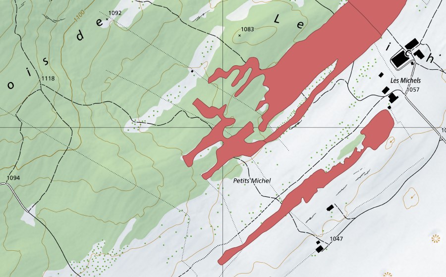 Carte nationale swisstopo avec le périmètre protégé de Les Michel (Prairie sèche)