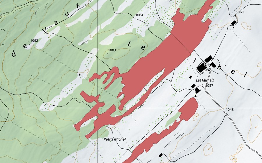 Carte nationale swisstopo avec le périmètre protégé de Les Michel (Prairie sèche)