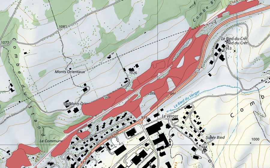 swisstopo national map showing the protected perimeter of Les Monts Orientaux (Dry meadow)