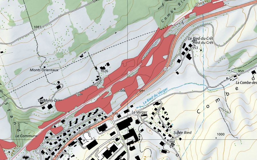 Carte nationale swisstopo avec le périmètre protégé de Les Monts Orientaux (Prairie sèche)