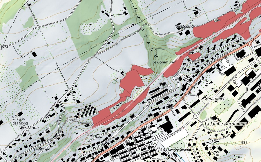 Carte nationale swisstopo avec le périmètre protégé de Les Monts Orientaux (Prairie sèche)