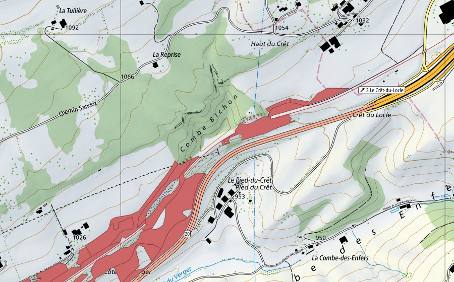Landeskarte swisstopo mit dem Schutzperimeter von Les Monts Orientaux (Trockenwiese)