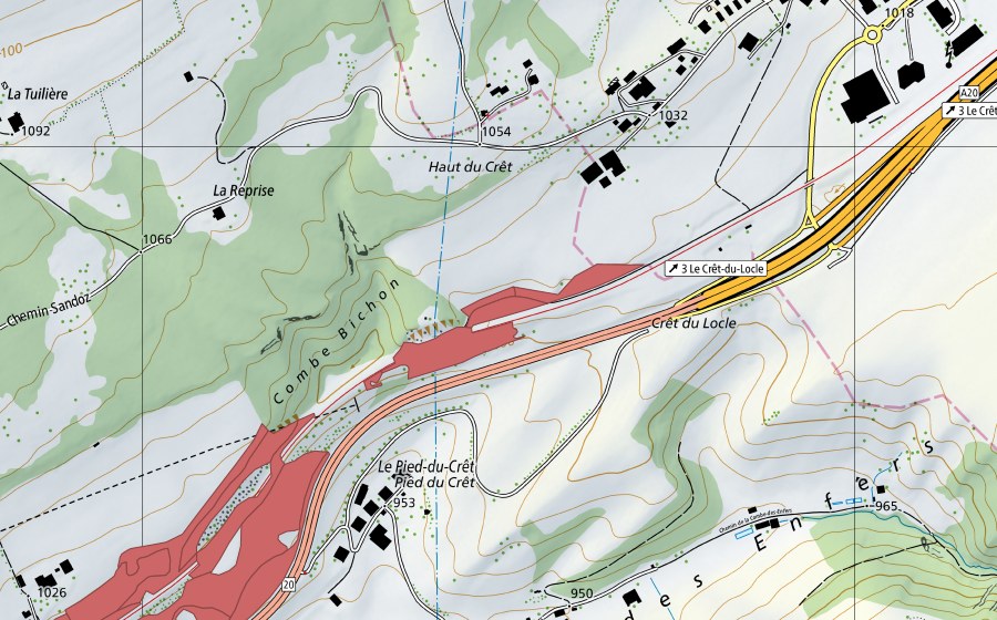 Landeskarte swisstopo mit dem Schutzperimeter von Les Monts Orientaux (Trockenwiese)