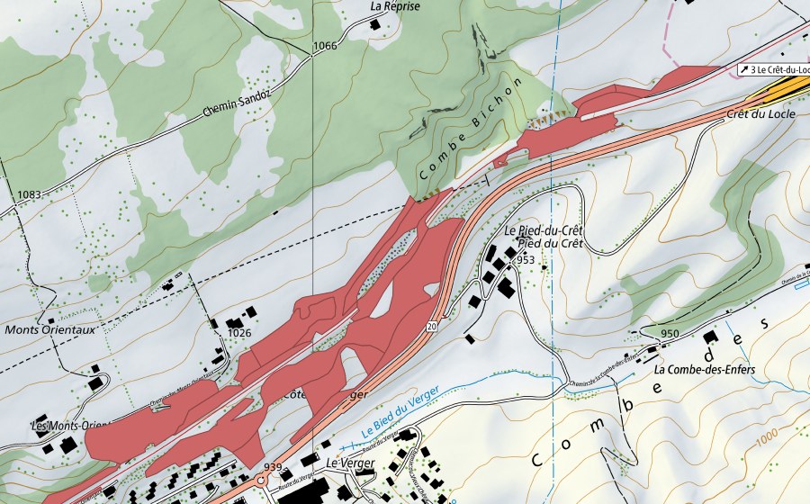Landeskarte swisstopo mit dem Schutzperimeter von Les Monts Orientaux (Trockenwiese)