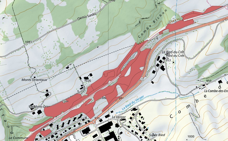 Landeskarte swisstopo mit dem Schutzperimeter von Les Monts Orientaux (Trockenwiese)