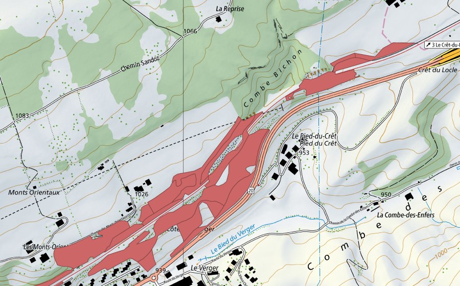 swisstopo national map showing the protected perimeter of Les Monts Orientaux (Dry meadow)