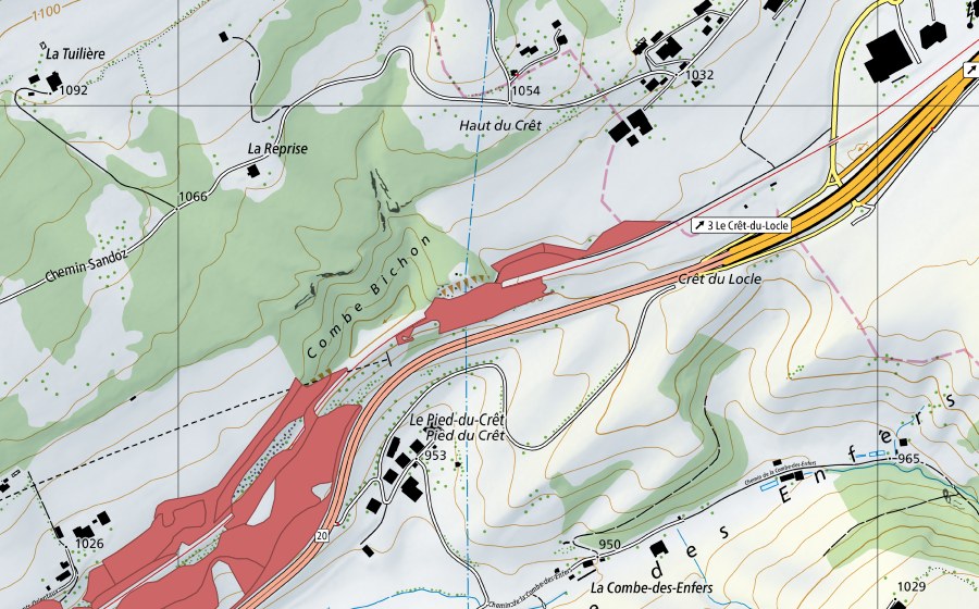 Carte nationale swisstopo avec le périmètre protégé de Les Monts Orientaux (Prairie sèche)