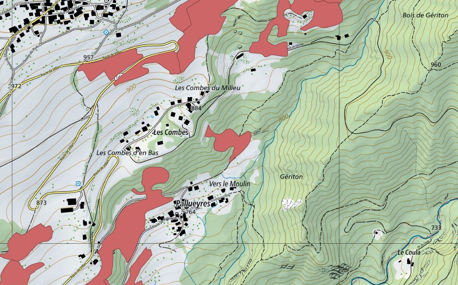 Carte nationale swisstopo avec le périmètre protégé de Les Moulins (Prairie sèche)