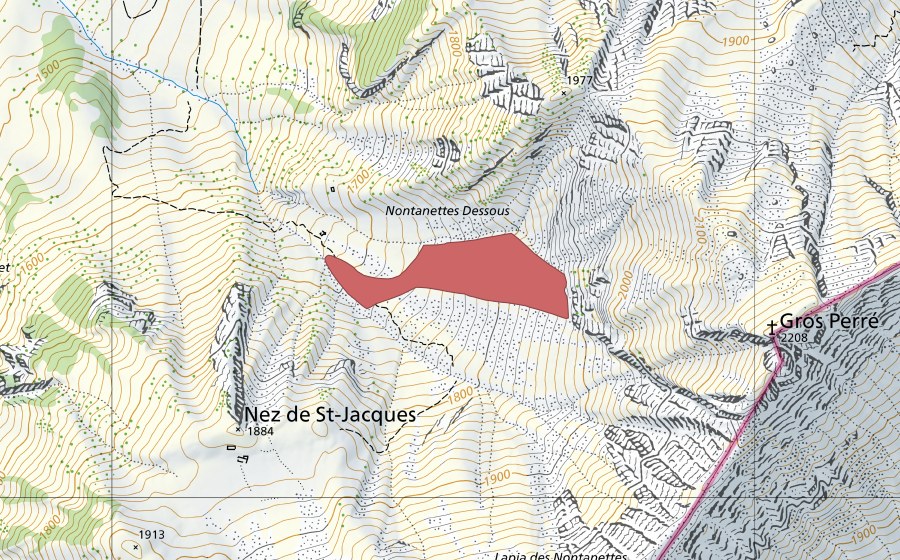 Carte nationale swisstopo avec le périmètre protégé de Les Ontanettes (Prairie sèche)