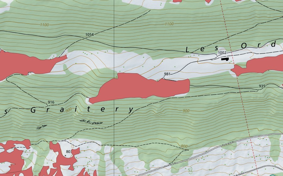 Carte nationale swisstopo avec le périmètre protégé de Les Ordons (Prairie sèche)