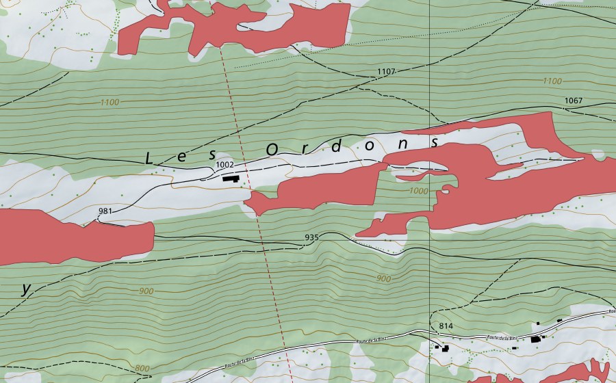 Carte nationale swisstopo avec le périmètre protégé de Les Ordons (Prairie sèche)