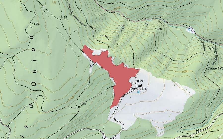 Carte nationale swisstopo avec le périmètre protégé de Les Orgères (Prairie sèche)
