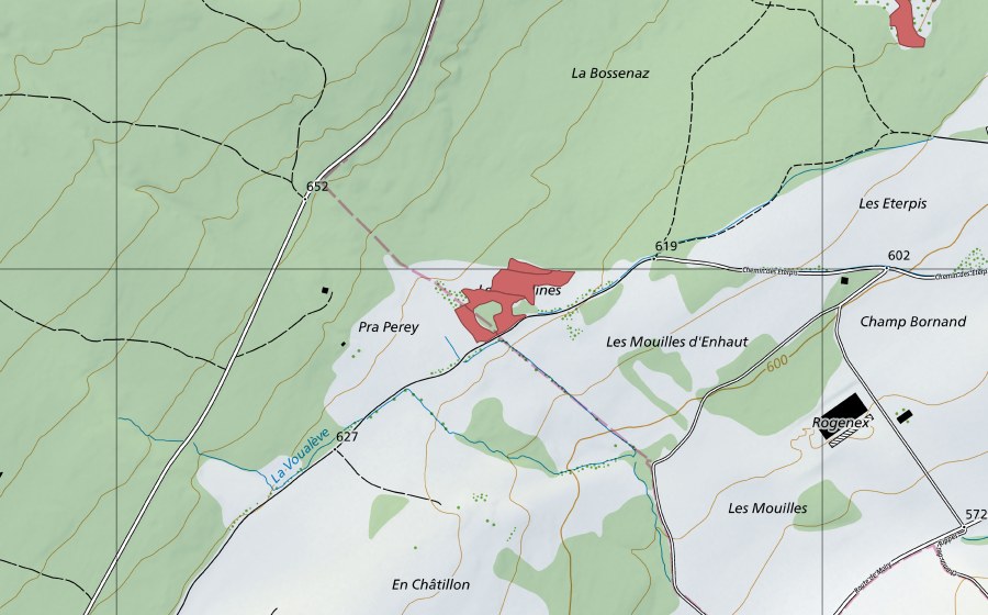 Carte nationale swisstopo avec le périmètre protégé de Les Piauliauses (Prairie sèche)