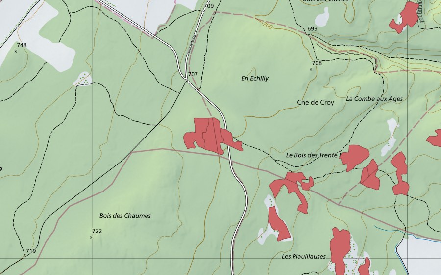 Carte nationale swisstopo avec le périmètre protégé de Les Piauliauses (Prairie sèche)
