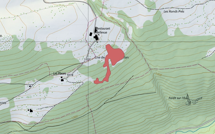 Carte nationale swisstopo avec le périmètre protégé de Les Places (Prairie sèche)