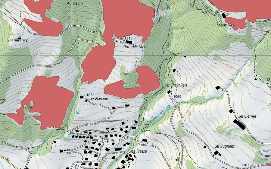 Carte nationale swisstopo avec le périmètre protégé de Les Planards (Prairie sèche)