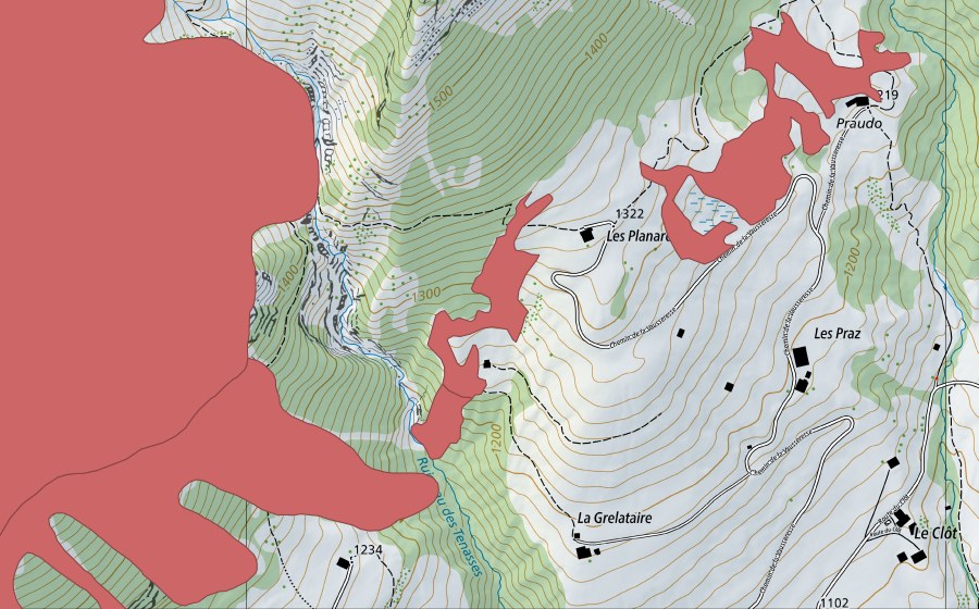 Carte nationale swisstopo avec le périmètre protégé de Les Planards (Prairie sèche)
