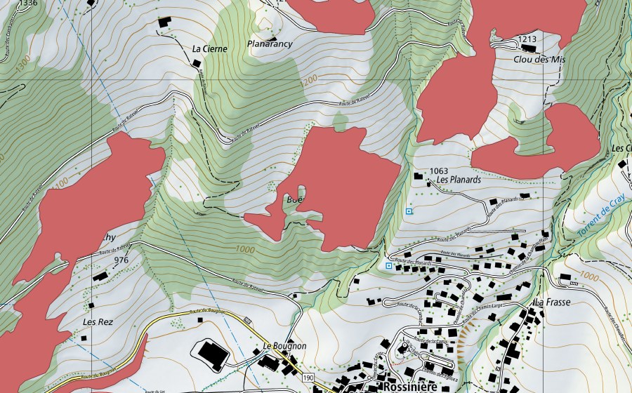 Landeskarte swisstopo mit dem Schutzperimeter von Les Planards (Trockenwiese)