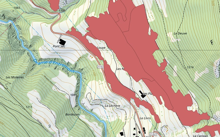 Carte nationale swisstopo avec le périmètre protégé de Les Planches (Prairie sèche)
