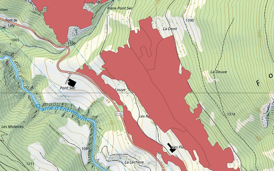 Carte nationale swisstopo avec le périmètre protégé de Les Planches (Prairie sèche)