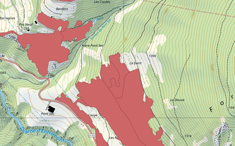 swisstopo national map showing the protected perimeter of Les Planches (Dry meadow)