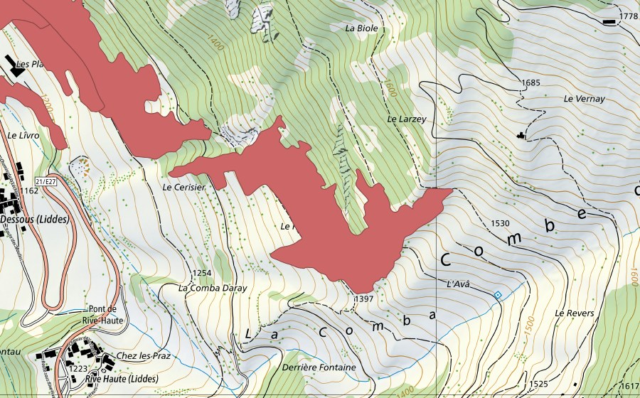 Carte nationale swisstopo avec le périmètre protégé de Les Planches (Prairie sèche)