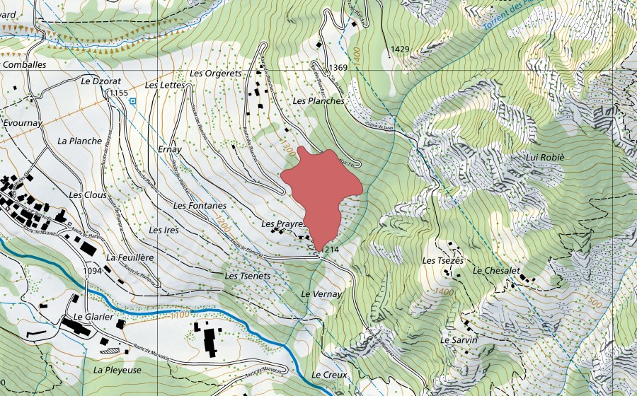 Landeskarte swisstopo mit dem Schutzperimeter von Les Planches (Trockenwiese)