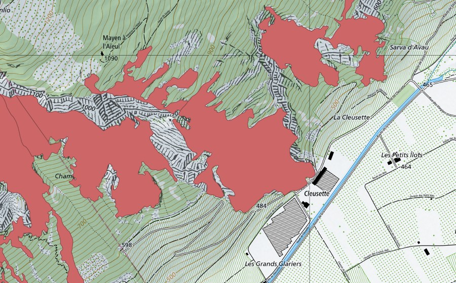 Carte nationale swisstopo avec le périmètre protégé de Les Planches (Prairie sèche)
