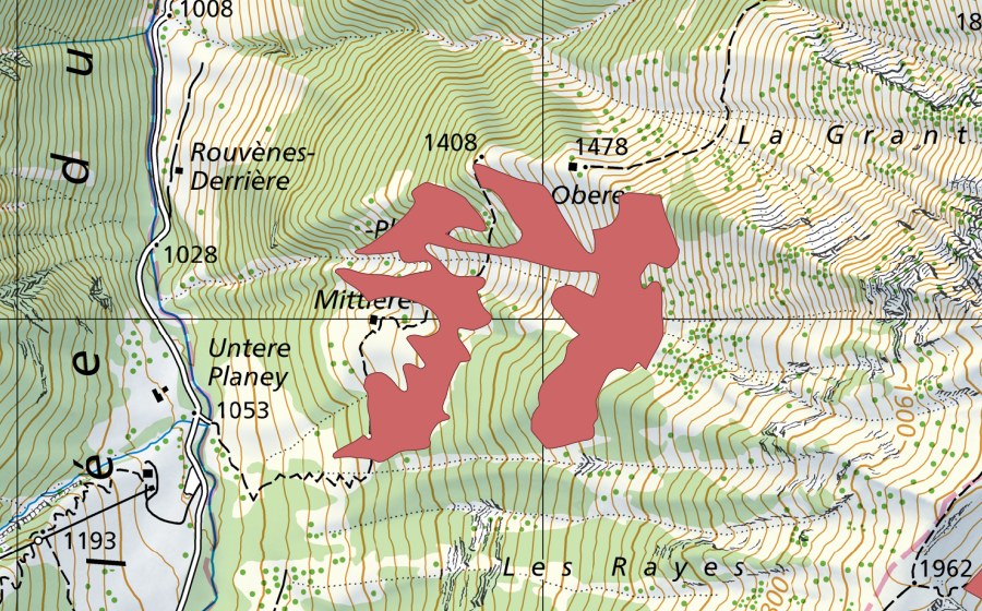 Landeskarte swisstopo mit dem Schutzperimeter von Les Planeys du Milieu (Trockenwiese)