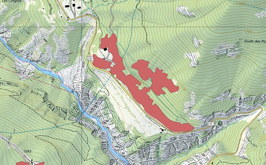 Carte nationale swisstopo avec le périmètre protégé de Les Pontis (Prairie sèche)