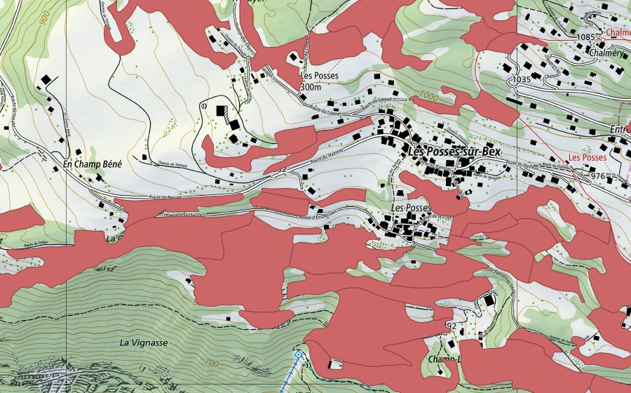 Landeskarte swisstopo mit dem Schutzperimeter von Les Posses (Trockenwiese)
