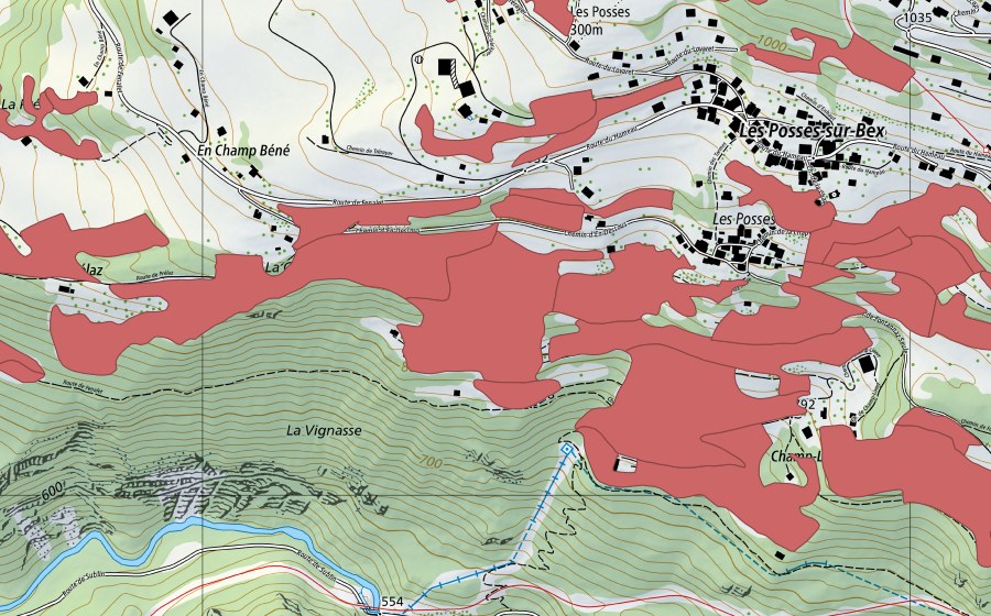 swisstopo national map showing the protected perimeter of Les Posses (Dry meadow)