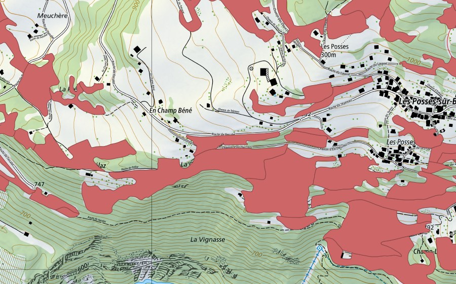 swisstopo national map showing the protected perimeter of Les Posses (Dry meadow)