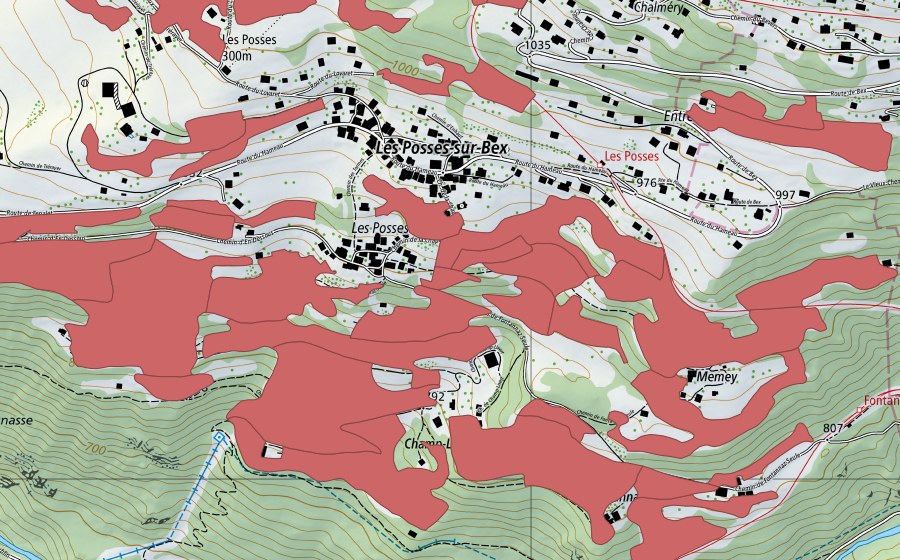 swisstopo national map showing the protected perimeter of Les Posses (Dry meadow)